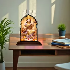 Car Dashboard/Table Top Goddess Saraswathi Wooden Temple Photo Stand  3x4 Inches, Compact & Stylish Spiritual Display For Car, Home & Office (Pack Of 1) (F22663)