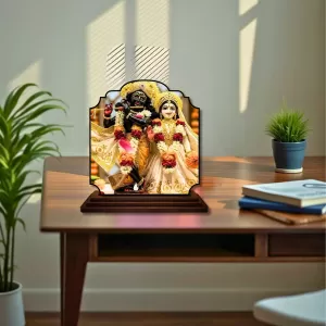 Car Dashboard/Table Top Radha Krishna Wooden Rectangle Photo Stand  3x4 Inches, Compact & Stylish Spiritual Display For Car, Home & Office (Pack Of 1) (F22202)