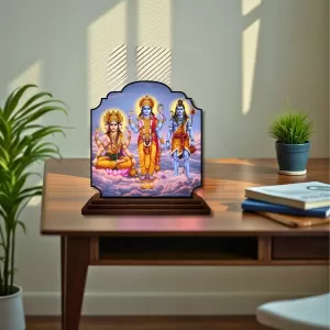 Car Dashboard/Table Top Lord Bramha Vishnu Shiva Wooden Rectangle Photo Stand  3x4 Inches, Compact & Stylish Spiritual Display For Car, Home & Office (Pack Of 1) (F22209)