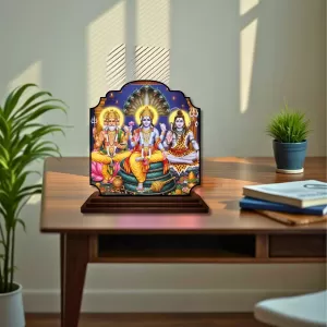 Car Dashboard/Table Top Lord Bramha Vishnu Shiva Wooden Rectangle Photo Stand  3x4 Inches, Compact & Stylish Spiritual Display For Car, Home & Office (Pack Of 1) (F22210)