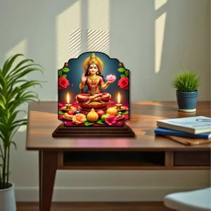 Car Dashboard/Table Top Goddess Lakshmi Wooden Rectangle Photo Stand  3x4 Inches, Compact & Stylish Spiritual Display For Car, Home & Office (Pack Of 1) (F22211)