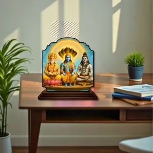 Car Dashboard/Table Top Lord Bramha Vishnu Shiva Wooden Rectangle Photo Stand  3x4 Inches, Compact & Stylish Spiritual Display For Car, Home & Office (Pack Of 1) (F22214)