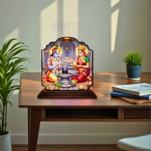 Car Dashboard/Table Top Lord Krishna And Radha Wooden Rectangle Photo Stand  3x4 Inches, Compact & Stylish Spiritual Display For Car, Home & Office (Pack Of 1) (F22240)