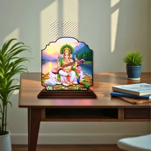 Car Dashboard/Table Top Goddess Sarasathi Wooden Rectangle Photo Stand  3x4 Inches, Compact & Stylish Spiritual Display For Car, Home & Office (Pack Of 1) (F22247)