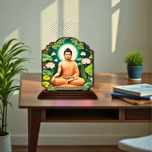 Car Dashboard/Table Top Serene Buddha Wooden Rectangle Photo Stand  3x4 Inches, Compact & Stylish Spiritual Display For Car, Home & Office (Pack Of 1) (F22262)