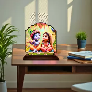 Car Dashboard/Table Top Little Radha Krishna Wooden Rectangle Photo Stand  3x4 Inches, Compact & Stylish Spiritual Display For Car, Home & Office (Pack Of 1) (F22300)