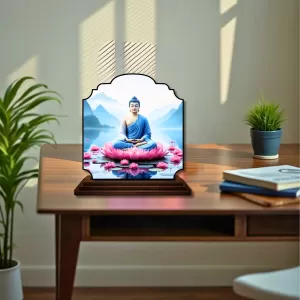 Car Dashboard/Table Top Serene Buddha Wooden Rectangle Photo Stand  3x4 Inches, Compact & Stylish Spiritual Display For Car, Home & Office (Pack Of 1) (F22305)