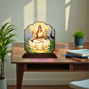 Car Dashboard/Table Top Goddess Saraswathi Wooden Rectangle Photo Stand  3x4 Inches, Compact & Stylish Spiritual Display For Car, Home & Office (Pack Of 1) (F22312)