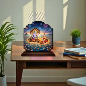 Car Dashboard/Table Top Lord Vishnu And Lakshmi Wooden Rectangle Photo Stand  3x4 Inches, Compact & Stylish Spiritual Display For Car, Home & Office (Pack Of 1) (F22317)