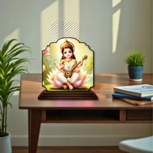 Car Dashboard/Table Top Little Saraswati Wooden Rectangle Photo Stand  3x4 Inches, Compact & Stylish Spiritual Display For Car, Home & Office (Pack Of 1) (F22335)