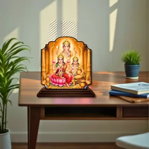 Car Dashboard/Table Top Lord Ganesha And Lakshmi And Kubera Wooden Rectangle Photo Stand  3x4 Inches, Compact & Stylish Spiritual Display For Car, Home & Office (Pack Of 1) (F22338)