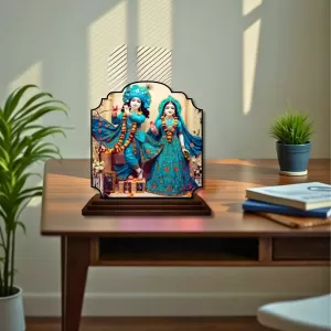 Car Dashboard/Table Top Lord Krishna And Radha Wooden Rectangle Photo Stand  3x4 Inches, Compact & Stylish Spiritual Display For Car, Home & Office (Pack Of 1) (F22352)
