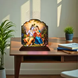 Car Dashboard/Table Top Lord Krishna And Radha Wooden Rectangle Photo Stand  3x4 Inches, Compact & Stylish Spiritual Display For Car, Home & Office (Pack Of 1) (F22356)