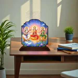 Car Dashboard/Table Top Saraswathi Laskhm Parvathi Wooden Rectangle Photo Stand  3x4 Inches, Compact & Stylish Spiritual Display For Car, Home & Office (Pack Of 1) (F22363)