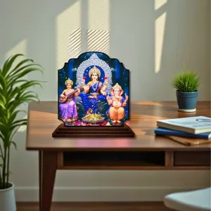 Car Dashboard/Table Top Saraswathi Laskhm Ganesha Wooden Rectangle Photo Stand  3x4 Inches, Compact & Stylish Spiritual Display For Car, Home & Office (Pack Of 1) (F22373)