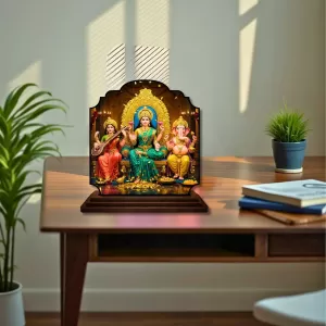 Car Dashboard/Table Top Saraswathi Laskhm Ganesha Wooden Rectangle Photo Stand  3x4 Inches, Compact & Stylish Spiritual Display For Car, Home & Office (Pack Of 1) (F22374)