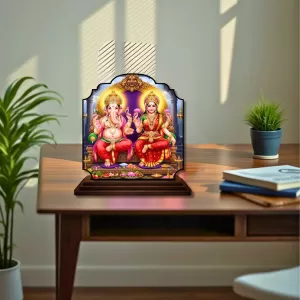 Car Dashboard/Table Top Saraswathi Laskhm  Wooden Rectangle Photo Stand  3x4 Inches, Compact & Stylish Spiritual Display For Car, Home & Office (Pack Of 1) (F22375)