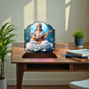Car Dashboard/Table Top Goddess Saraswathi Wooden Rectangle Photo Stand  3x4 Inches, Compact & Stylish Spiritual Display For Car, Home & Office (Pack Of 1) (F22424)
