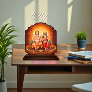 Car Dashboard/Table Top Lord Ganesha And Laskhmi Wooden Rectangle Photo Stand  3x4 Inches, Compact & Stylish Spiritual Display For Car, Home & Office (Pack Of 1) (F22441)