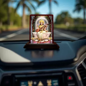 Car Desk/Table Top Goddess Saraswathi Wooden Photo Stand  3x4 Inches, Compact & Stylish Spiritual Display For Car, Home & Office (Pack Of 1) (F14151)