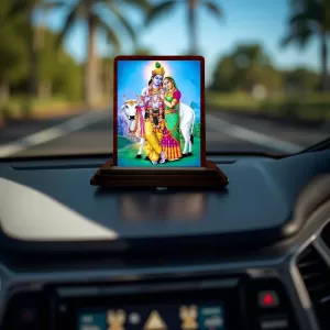 Car Desk/Table Top Radha Krishna Wooden Photo Stand  3x4 Inches, Compact & Stylish Spiritual Display For Car, Home & Office (Pack Of 1) (F14213)