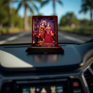 Car Desk/Table Top Radha Krishna Wooden Photo Stand 3x4 Inches, Compact & Stylish Spiritual Display For Car, Home & Office (Pack Of 1) (F14225) Car Desk/Table Top Radha Krishna Wooden Photo Stand 3x4 Inches, Compact & Stylish Spiritual Display For Car, Home & Office (Pack Of 1) (F14225)
