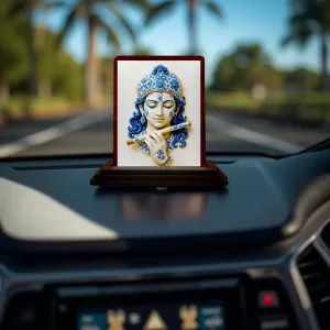 Car Desk/Table Top Lord Krishna Wooden Photo Stand  3x4 Inches, Compact & Stylish Spiritual Display For Car, Home & Office (Pack Of 1) (F14283)