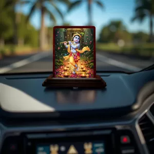 Car Desk/Table Top Lord Krishna Wooden Photo Stand  3x4 Inches, Compact & Stylish Spiritual Display For Car, Home & Office (Pack Of 1) (F14297)