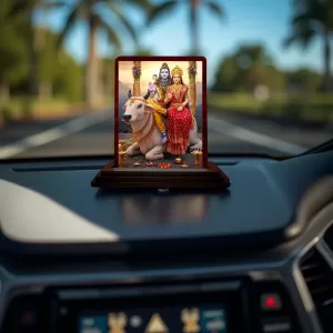 Car Desk/Table Top Lord Shiva And Parvathi Wooden Photo Stand  3x4 Inches, Compact & Stylish Spiritual Display For Car, Home & Office (Pack Of 1) (F14326)