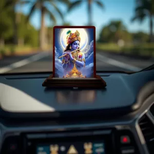 Car Desk/Table Top Lord Krishna Wooden Photo Stand  3x4 Inches, Compact & Stylish Spiritual Display For Car, Home & Office (Pack Of 1) (F14349)