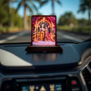Car Desk/Table Top Radha Krishna Wooden Photo Stand 3x4 Inches, Compact & Stylish Spiritual Display For Car, Home & Office (Pack Of 1) (F14383) Car Desk/Table Top Radha Krishna Wooden Photo Stand 3x4 Inches, Compact & Stylish Spiritual Display For Car, Home & Office (Pack Of 1) (F14383)