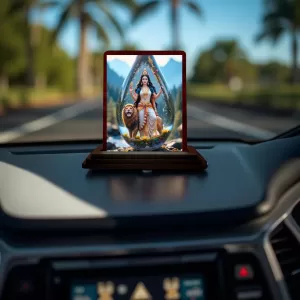 Car Desk/Table Top Goddess Durga Wooden Photo Stand  3x4 Inches, Compact & Stylish Spiritual Display For Car, Home & Office (Pack Of 1) (F14413)