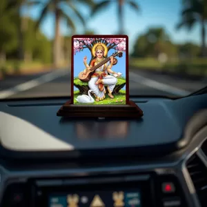 Car Desk/Table Top Goddess Saraswathi Wooden Photo Stand  3x4 Inches, Compact & Stylish Spiritual Display For Car, Home & Office (Pack Of 1) (F14424)