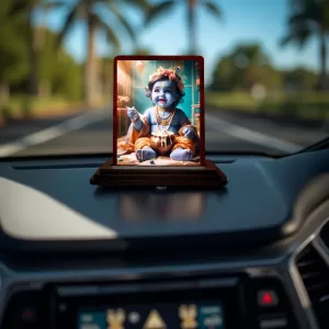 Car Desk/Table Top Lord Krishna Wooden Photo Stand 3x4 Inches, Compact & Stylish Spiritual Display For Car, Home & Office (Pack Of 1) (F14473) Car Desk/Table Top Lord Krishna Wooden Photo Stand 3x4 Inches, Compact & Stylish Spiritual Display For Car, Home & Office (Pack Of 1) (F14473)