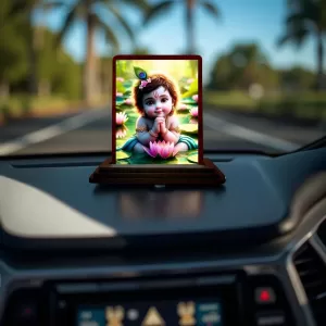 Car Desk/Table Top Lord Krishna Wooden Photo Stand  3x4 Inches, Compact & Stylish Spiritual Display For Car, Home & Office (Pack Of 1) (F14485)