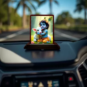 Car Desk/Table Top Lord Krishna Wooden Photo Stand  3x4 Inches, Compact & Stylish Spiritual Display For Car, Home & Office (Pack Of 1) (F14501)
