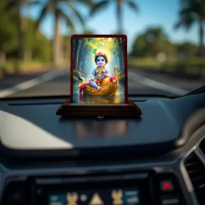 Car Desk/Table Top Lord Krishna Wooden Photo Stand  3x4 Inches, Compact & Stylish Spiritual Display For Car, Home & Office (Pack Of 1) (F14511)