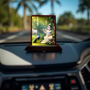 Car Desk/Table Top Lord Krishna Wooden Photo Stand  3x4 Inches, Compact & Stylish Spiritual Display For Car, Home & Office (Pack Of 1) (F14515)