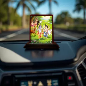 Car Desk/Table Top Lord Krishna Wooden Photo Stand  3x4 Inches, Compact & Stylish Spiritual Display For Car, Home & Office (Pack Of 1) (F14547)
