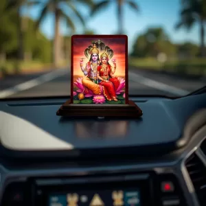 Car Desk/Table Top Lord Vishnu Lakshmi Wooden Photo Stand  3x4 Inches, Compact & Stylish Spiritual Display For Car, Home & Office (Pack Of 1) (F14561)