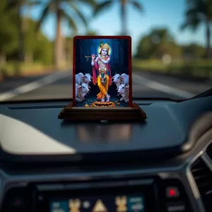 Car Desk/Table Top Lord Krishna Wooden Photo Stand  3x4 Inches, Compact & Stylish Spiritual Display For Car, Home & Office (Pack Of 1) (F14602)