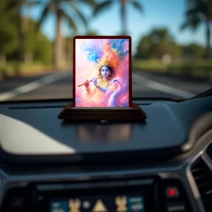 Car Desk/Table Top Lord Krishna Wooden Photo Stand  3x4 Inches, Compact & Stylish Spiritual Display For Car, Home & Office (Pack Of 1) (F14625)