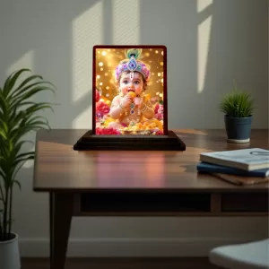 Car Desk/Table Top Lord Bal Krishna Wooden Photo Stand 3x4 Inches, Compact & Stylish Spiritual Display For Car, Home & Office (Pack Of 1) (F15129) Car Desk/Table Top Lord Bal Krishna Wooden Photo Stand 3x4 Inches, Compact & Stylish Spiritual Display For Car, Home & Office (Pack Of 1) (F15129)