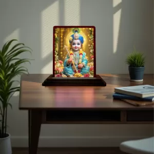 Car Desk/Table Top Lord Bal Krishna Wooden Photo Stand 3x4 Inches, Compact & Stylish Spiritual Display For Car, Home & Office (Pack Of 1) (F15130) Car Desk/Table Top Lord Bal Krishna Wooden Photo Stand 3x4 Inches, Compact & Stylish Spiritual Display For Car, Home & Office (Pack Of 1) (F15130)