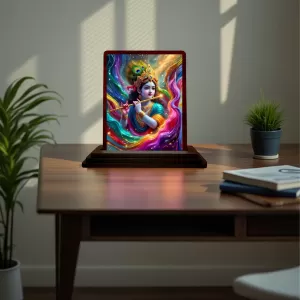 Car Desk/Table Top Lord Krishna Wooden Photo Stand  3x4 Inches, Compact & Stylish Spiritual Display For Car, Home & Office (Pack Of 1) (F15143)