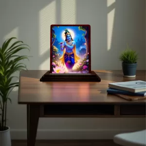Car Desk/Table Top Lord Krishna Wooden Photo Stand  3x4 Inches, Compact & Stylish Spiritual Display For Car, Home & Office (Pack Of 1) (F15189)