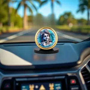 Car Desk/Table Top Lord Krishna Metal Golden Photo Stand  2x2 Inches, Compact & Stylish Spiritual Display For Car, Home & Office (Pack Of 1) (F18454)