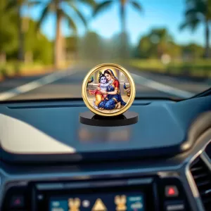 Car Desk/Table Top Lord Krishna With Yashodha Metal Golden Photo Stand  2x2 Inches, Compact & Stylish Spiritual Display For Car, Home & Office (Pack Of 1) (F18765)