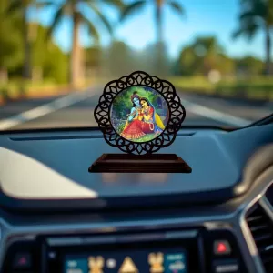 Car Desk/Table Top Radha Krishna Wooden Photo Stand 3x4 Inches, Compact & Stylish Spiritual Display For Car, Home & Office (Pack Of 1) (F19566) Car Desk/Table Top Radha Krishna Wooden Photo Stand 3x4 Inches, Compact & Stylish Spiritual Display For Car, Home & Office (Pack Of 1) (F19566)