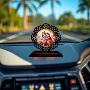 Car Desk/Table Top Radha Krishna Wooden Photo Stand 3x4 Inches, Compact & Stylish Spiritual Display For Car, Home & Office (Pack Of 1) (F19596) Car Desk/Table Top Radha Krishna Wooden Photo Stand 3x4 Inches, Compact & Stylish Spiritual Display For Car, Home & Office (Pack Of 1) (F19596)